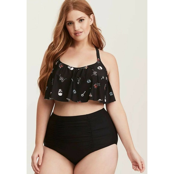 Torrid Black Bikini Flounce Skull Keys Top 5X